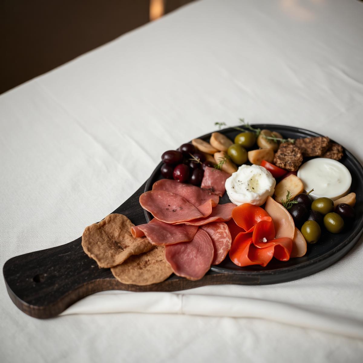 Italian antipasti board on ivory linen
