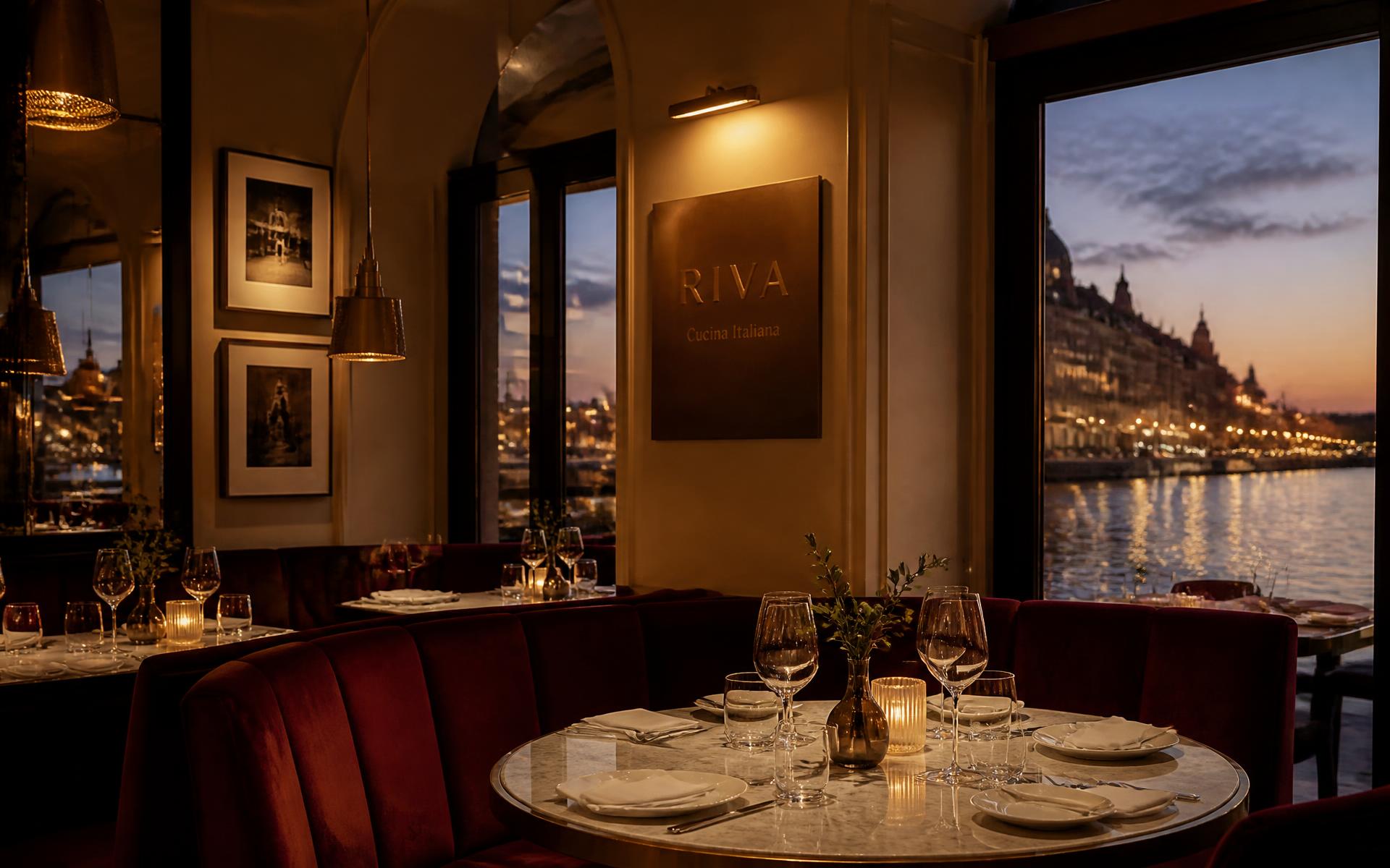 La Fontana dining room at dusk with candlelit tables