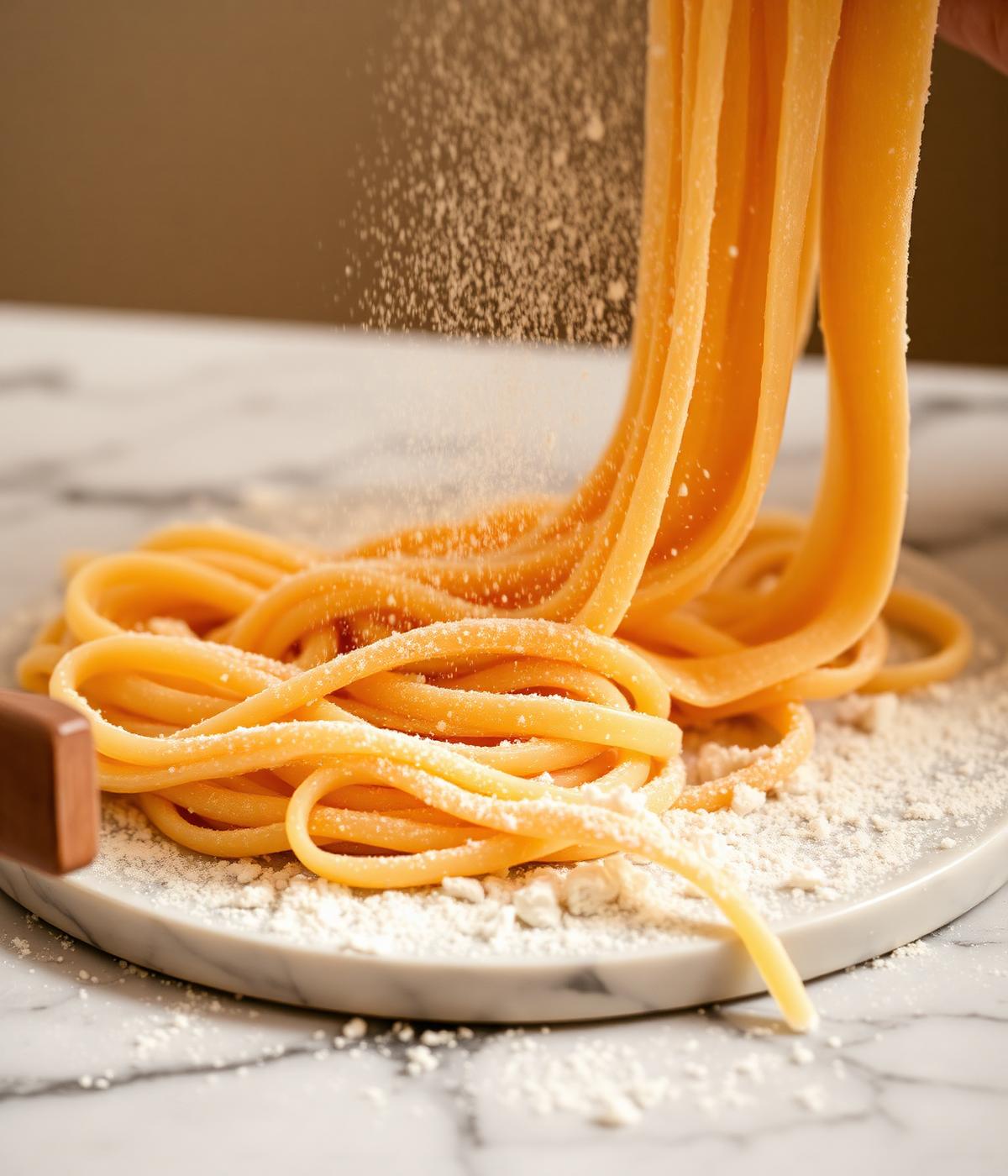 Fresh pasta being dusted with flour on a marble surface