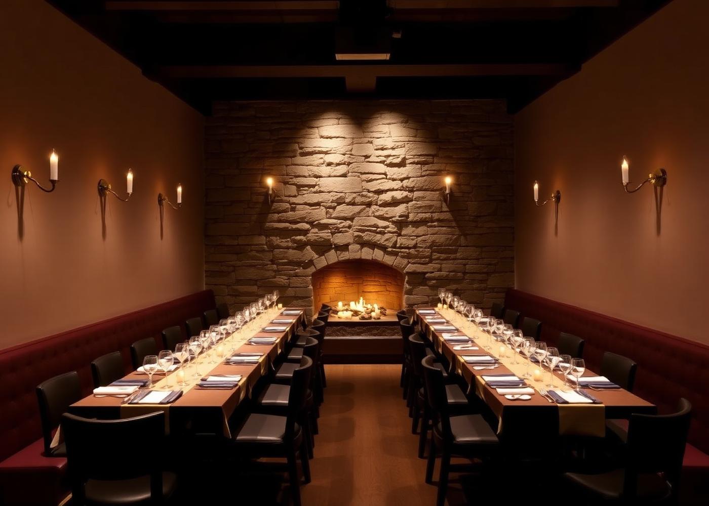 Long table set with linen and candles in La Fontana's private dining space